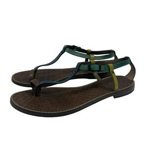 Bottega Veneta Leather T-Strap Sandals Flat Eu 38.5 Bown Green Italy Coastal